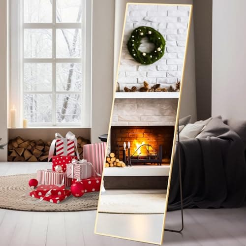 Sweetcrispy Full Length Mirror 59"x16" Full Body Floor Mirror Standing Hanging or Leaning Wall, Wall-Mounted Mirror with Stand Aluminum Alloy Thin Frame for Bedroom Cloakroom Living Room,Gold