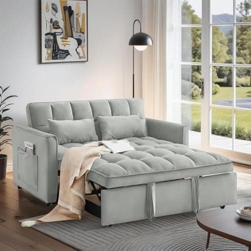 Trygoal Convertible Sofa Bed, Pull Out Couch with Side Pockets, 3 in 1 Velvet Fabric Loveseat Sleeper Sofa Bed, Pull Out Couch with Adjustable Backrest for Living Room, Bedroom, Apartment, Light Gray