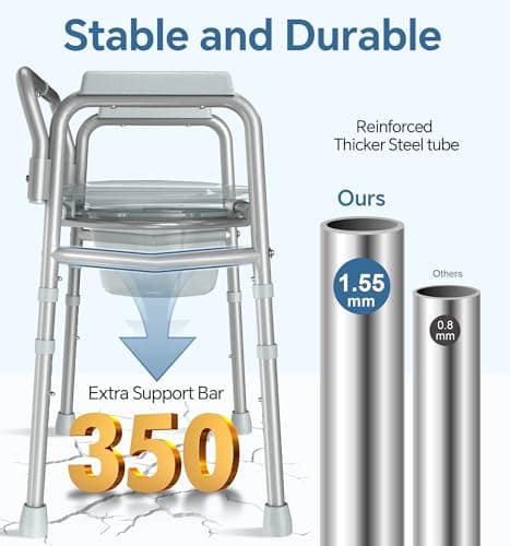 HOMLAND 3-in-1 Bedside Commode Chair with Sturdy Dual-Crossbar Support Construction, Stable Portable Commode Toilet with 7.5Qt Potty Bucket, 350 Lbs Bedside Commodes for Seniors, Silver 5