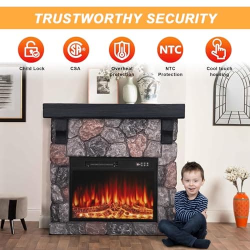 BOSSIN 36" Electric Fireplace with Mantel, 23 inch Electric Fireplace Insert, TV Stand Freestanding Heater with Remote Control Timer LED Flame for Living Room Bedroom,Faux Stone Gray 5
