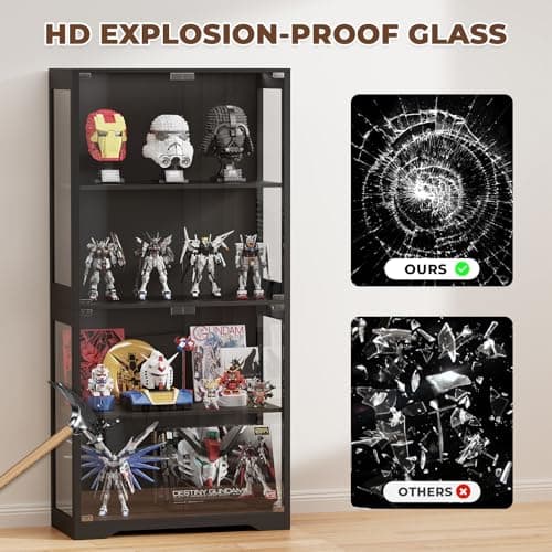 BROTTAR Display Cabinet with Glass Doors, 4-Tier Curio Cabinet with 3 Color Lights for Collectibles, Glass Display Case with Human Body Sensor, Bookcase with 4 Shelves, Storage Cabinets, Black 6