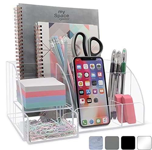 My Space Organizers Clear Acrylic Desk Oganizer, 9 Compartments, Office Supplies and Desk Accessories Organizer, Home Decor Desktop Organizer (Clear)