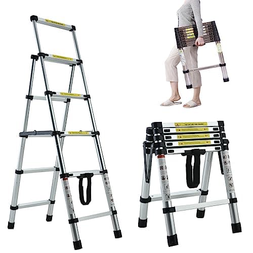 Qimu A-Frame Extension Step Ladder Aluminum Telescoping 4+5 (6.6ft + 7.5ft) Herringbone Lightweight Portable Multi-Purpose Telescopic Anti-Slip 330lbs Load Capacity