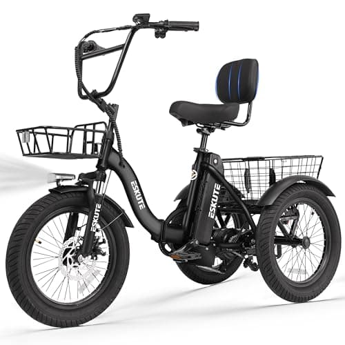 ESKUTE E Trike Electric Bike, Peak 1200W Brushless Motor Folding Trike 18X3.0 Fat Tire Ebike, 624Wh Battery, Step-Thru 3 Wheel Electric Bicycle, 55 Miles, 18MPH+ Tricycle for Adults Black Classic