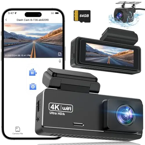 Dash Cam Front and Rear Camera 4k, WiFi Dash Camera for Cars Front and Rear with app, 4k+1080P Car Camera with 64GB Card, 2.99" Screen Dual Dashcam with 24/7 Parking Monitor, Accident Lock