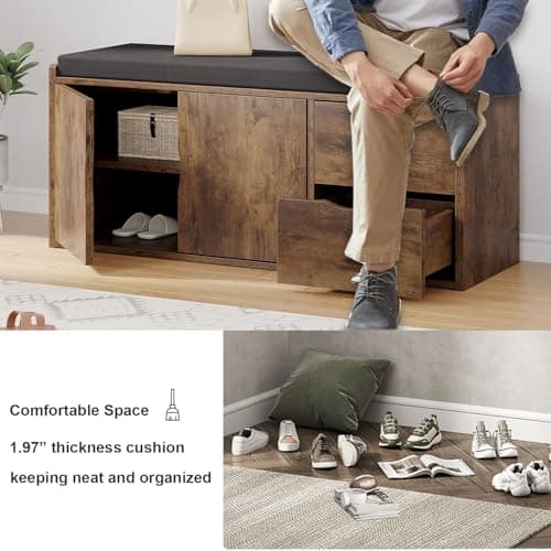 LVB Entryway Shoe Bench, Rustic Storage Bench with Cushioned Seating, Long Hidden Shoe Organizer Bench with 2 Drawers, Industrial Wooden Shoe Benchs in Hallway Living Room Bedroom, Rustic Brown, 40in 6