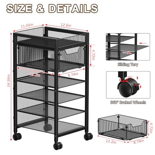 keomaisyto Under Desk Storage Slim File Cabinet, 6-Tier Rolling File Cart with Paper Letter Tray & Drawer, Standing Paper Organizer with Wheels, Narrow Desk Organization for Home Office Workspace 7