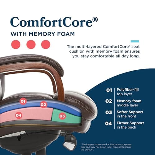 La-Z-Boy® Fairmont Big and Tall Executive Office Chair with Memory Foam Cushions, High-Back Swivel Desk Chair with Wood Arms and Base, Bonded Leather, Brown 6