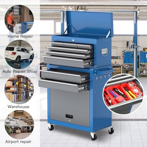 Tool Chest 8-Drawer | 42'' Large Rolling Tool Chest with Wheels | Detachable Top Metal Tool Box | Garage Storage Cabinet for Repair Room,Warehouse | Rolling Tool Box with Hooks,Liners,Tray Divider 6