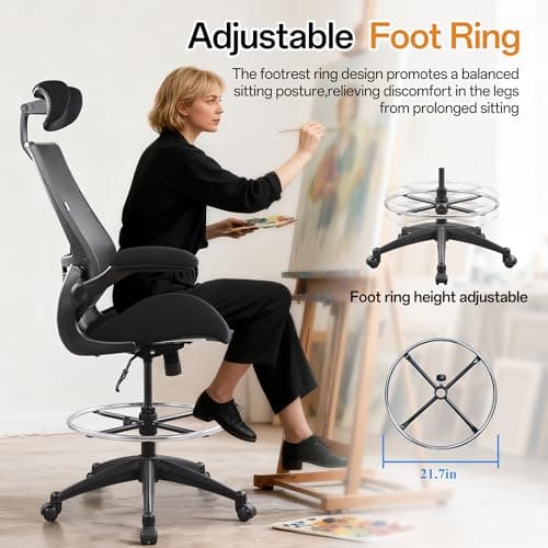 BOLISS Drafting Office Chair 400lbs High Back Wide Standing Desk Chair Comfortable with Flip up Armrests Lumbar Support Adjustable Big Footrest Ring(Black) 8