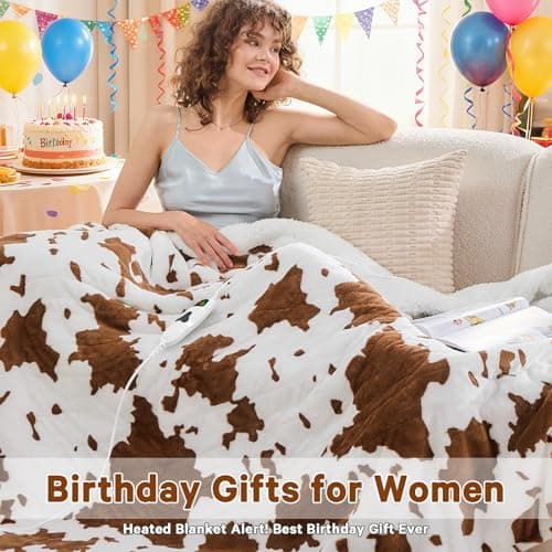 RUJIPO Cow Print Heated Electric Blanket Twin Size,62X84 Brown Heating Blanket with 10 Heats Levels & 8 Hours Auto Off,Highland Cow Fleece Sherpa Blankets Warmer Gifts for Women Adults Couch,Washable 7