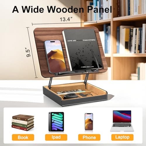 HUMANCOZY Book Stand with Storage, Book Holder for Reading Hands Free, Wooden Cookbook Stand for Kitchen Counter, Adjustable Reading Stand for Desk, Recipe Stand, Book Prop for Book Lovers 7