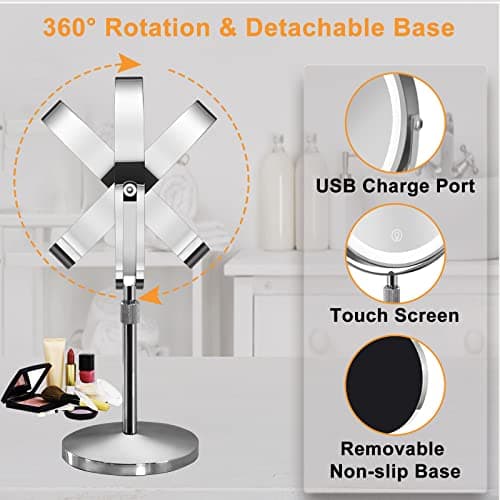 AIKELIN 8" Makeup Mirror with Lights,10X Magnifying Vanity Mirror with 3 Color LED Lights,4000mAH Adjustable Height Tabletop Cosmetic Mirror with Rechargeable Double Sided Lighted Mirror,Chrome 7