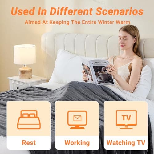 Electric Blanket Heated Throw, Soft Flannel 50"x60" Heating Blanket with 8 Hours Auto Off 10 Fast Heating Levels Machine Washable Sherpa Heated Blanket with Overheating Protection 5