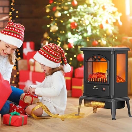 ROVSUN 1500W Electric Fireplace Stove, 22.4" H Freestanding Heater w/Remote, Timer, 7 Realistic Flame Colors & 4 Brightness, Adjustable Temp, Overheat & Tip-Over Protection for Bedroom, ETL 7