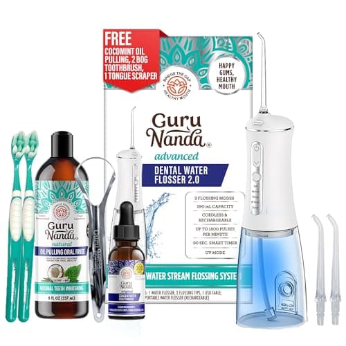 GuruNanda Gums of Steel Kit – Advanced Dental Water Flosser (UV Mode), Concentrated Mouthwash, Cocomint Pulling Oil, Butter on Gums Toothbrush & Tongue Scraper for Overall Oral Hygiene