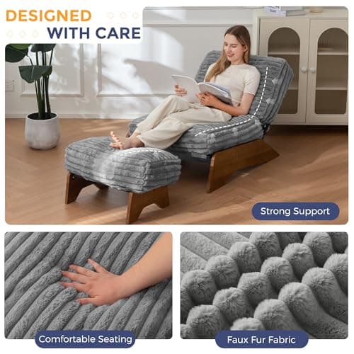 MAXYOYO Modern Adjustable Accent Chair with Ottoman, Upholstered Living Room Chair with Footrest Set, Soft Reclining Lounge for Bedroom, Apartment, Office, Grey 6