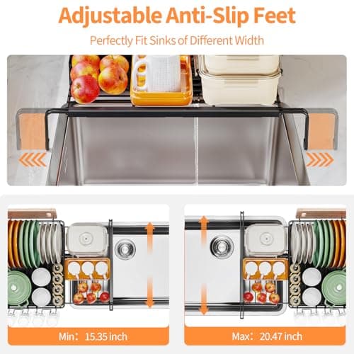 Urackify Extendable Dish Drying Rack, Multifunction Dish Rack for Kitchen Counter, Expandable Dish Drainer Over Sink, Large Dish Strainer with Cups Holder, 2 Tier Matte Black 5