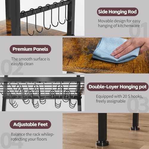 OMISRUIS 5-Tier Pot and Pan Organizer Rack with Hooks, Heavy-Duty Kitchen Storage Shelf for Cookware, Dishes, and Utensils, Freestanding Metal Pot Rack Organizer for Kitchen, Pantry, or Dining Room 7