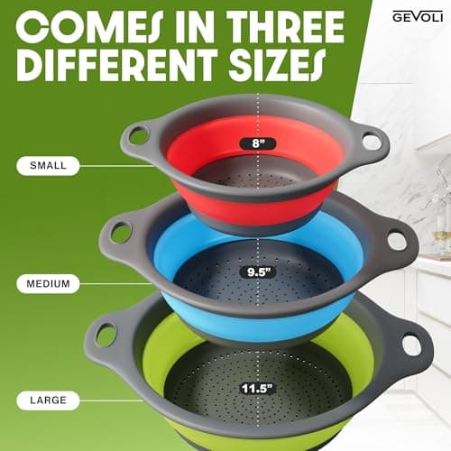 Gevoli Collapsible Colanders with Self-Draining Base for Edge of Sink, Food Strainers (Small/Med/Large), Nested Design for Easy Storage (Red, Blue, Green) (4PC Set) 4