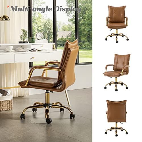 HULALA HOME Faux Leather Home Office Desk Chair, Adjustable Swivel Computer Chair with Golden Legs and Arms, Comfy Upholstered Task Chair,Camel 7