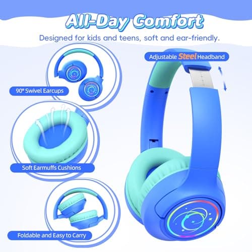 Kids Bluetooth Headphones, 85H Playtime Wireless Headphones for Kids, Colorful LED Lights, 85/94dB Safe Volume Limit, Bluetooth 5.4 Built-in Mic Toddler Headset for Tablet/Airplane/Travel (Blue) 5