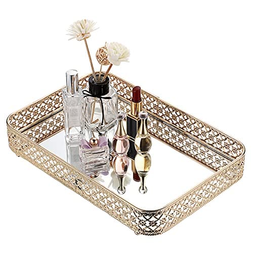ELLDOO Perfume & Makeup Vanity Tray - Hollow-Carved Jewelry Storage, Glass & Metal Trinket Organizer for Dresser & Bathroom Countertop, Gold, Medium Size
