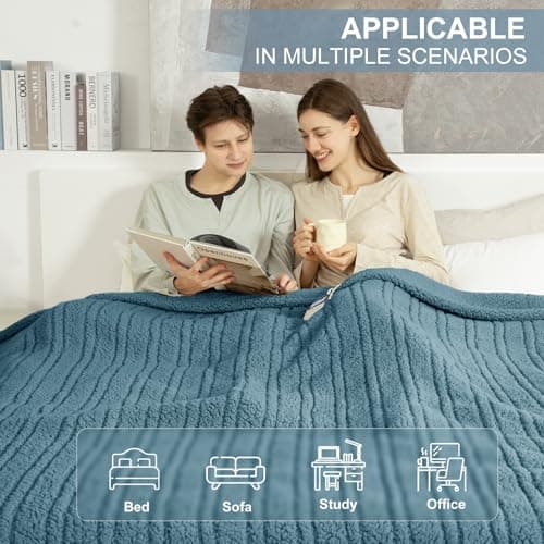 LUZARTA King Size Electric Blanket Single Control - 100"X90" Soft Double Sided Sherpa Heated Blanket with 6 Heating Levels & 10 hrs Timer Settings, Washable & Overheat Protection, Blue 8