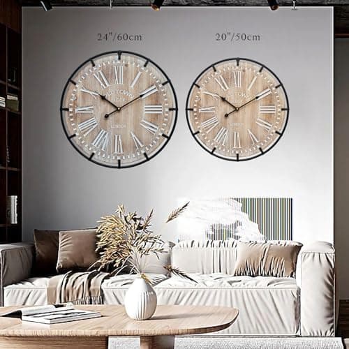 MICWIC 24 Inch Grand Farmhouse Wall Clock, Vintage-Inspired Wood & Metal Design with Large Etched Numbers, Silent Battery-Powered Timepiece for Offices, Kitchens, Bedrooms, and Living Rooms 7