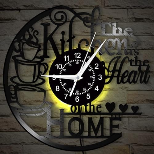 Timeglow 12'' Kitchen Vinyl Record Wall Clock 7 Kinds of LED Color, Kitchen Heart Home Theme Wall Clock Night Light Silent Non Ticking Coffee Bar Wall Watch Clock for Women Wife Restaurant Dining Room 9