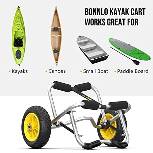 Bonnlo Universal Kayak Carrier - Trolley for Carrying Kayaks, Canoes, Paddleboards, Float Mats, and Jon Boats - Inflation-Free Solid Tires Wheel 2 Ratchet Straps 6
