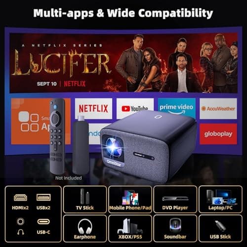 OmniStar 4K Projector with WiFi and Bluetooth, Mini Projector for Iphone 1080P Full HD with Speaker, Auto Focus/1500 ANSI/WIFI6/5G, 200" Display Compatible with iOS/Android/HDMI/USB/TV Stick L80 6