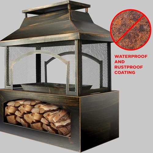 Red Mountain Valley 37" Fire Pits with Wood Storage for Outside, Large Wood Burning Outdoor Fireplace with Chimney, Mesh Spark Screen & Fire Poker, Idea for Backyard, Patio, Party, Camping, Picnic 7