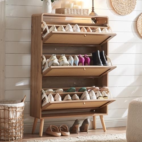 Anewome Rattan Shoe Cabinet, Slim Shoe Storage Cabinet for Entryway, 9.5" Narrow Flip Down Shoe Rack with 3 Drawers & Curved Corners, Freestanding Hidden Shoe Organizer, Natural Boho Style 8