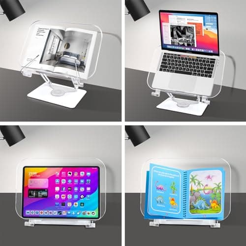 VECOFO Acrylic Adjustable Book Stand, 360° Swivel Base, Foldable Holder for Reading, Laptop, Tablet, PC, eReader 5