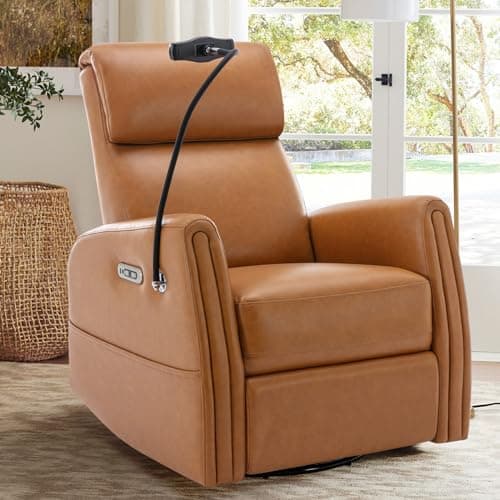 COLAMY 270 Power Swivel Glider Recliner Chair with Removable Mobile & iPad Holders, PU Leather Reclining Rocker with Built-in USB & Type-C Charging Ports for Nursery, Living Room & Office, Brown