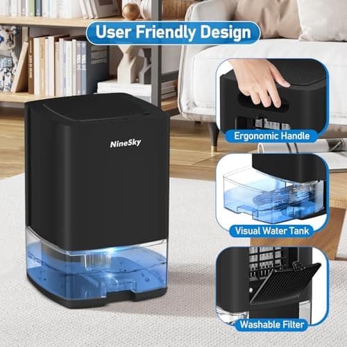 NineSky Dehumidifier for Home, 35oz Water Tank (300 sq.ft), Small Dehumidifiers for Bathroom, Bedroom, Basement with 7 Colorful Lights, Auto Shut Off, Black 6