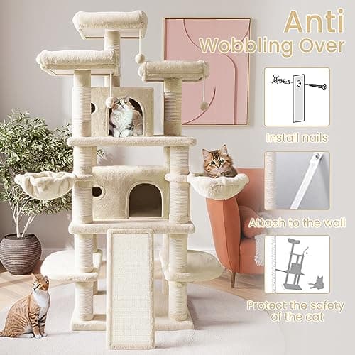 SHA CERLIN 68 Inches Multi-Level Large Cat Tree for Large Kitties/Big Cat Tower with Condo/Cozy Plush ‌Pussycat Perches/Sisal Scratching Posts and Hammocks/Activity Center/Beige 7