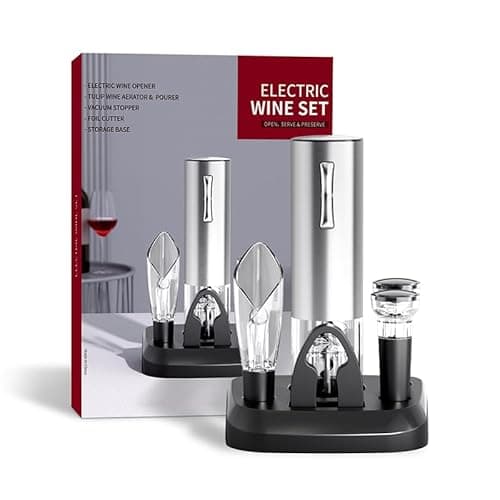 Electric Wine Opener Set (6-in-1) Include: Rechargeable Electric Wine Opener, Foil Cutter, Tulip Wine Aerator & Pourer, Wine Stopper*2, Charging Base & Cable, Manual Book, Color Box.