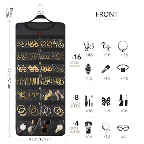 SMRITI Hanging Jewelry Organizer with Dual Zippered Pockets Canvas Double Sided Rotating Hanger Necklace Hanging Wall Organizer Earring Dustproof Holder Wall Mount Accessories Display Bag(Dark Grey) 7