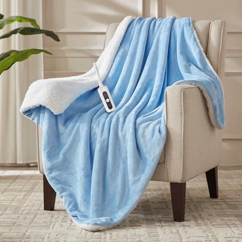 SNUGSUN Electric Heated Blanket Throw Size, Soft and Cozy Thickened Flannel and Sherpa Electric Blanket for Bed, Automatic Safety System 6 Heating Levels & 10 Hours Auto-Off, 50"x60" Ice Blue
