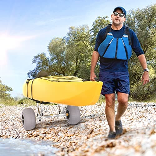 Bonnlo Kayak Cart Beach Wheels, Width Adjustable 6.3"-18.7" Universal Canoe Dolly Heavy Duty Kayak Trolley with 12" Balloon Tires, Kickstand, and Free Pump, Sturdy 330 Lb Weight Capacity 7
