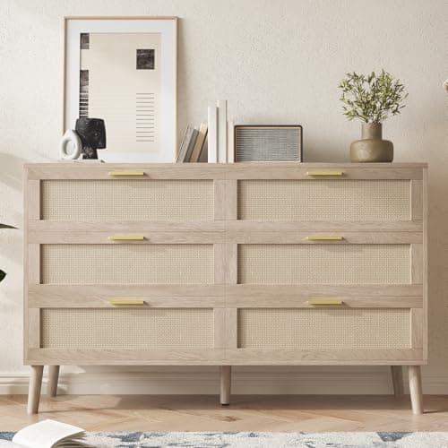 GarveeHome 6 Drawer Rattan Dresser, 47.2 in x 15.7 in x 29.5 in Rattan Chest of Dressers, Mid Century Modern Dresser for Closet with Handles, Large Table Top Dressers Bedroom, Living Room, Hallway