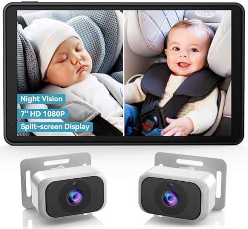 pemacom Baby Car Camera for 2-Kids: 7 Inch IPS Display with Dual Carseat Cameras, Split Screen, Night Vision, HD 1080P - USB Powered Easy Install Rear Facing Backseat Camera for Twins