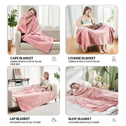 PTQ Electric Heated Blanket,Flannel & Sherpa Heated Throw Blanket 50"x60",Fast Heating Soft Fleece Blanket with 8 Heating Levels & 8H Auto Off-Pink 3