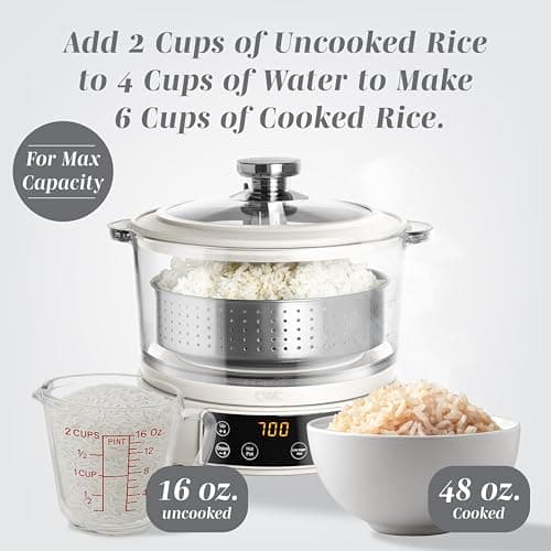 COOK WITH COLOR 3L Glass Mini Low Carb Rice Cooker – Holds 2 Cups Raw/Makes 6 Cups Cooked with Auto Lift Filter Basket, Hotpot & Steamer for Rice, Grains, Digital Panel with Keep Warm, Cream 8