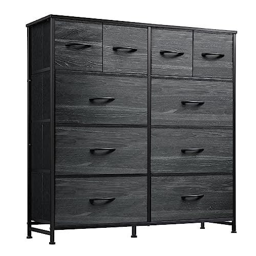 WLIVE Dresser for Bedroom with 10 Fabric Drawers, Tall Chest Organizer Units for Clothing, Closet, Storage Tower with Cabinet, Metal Frame, Wooden Top, Charcoal Black Wood Grain Print