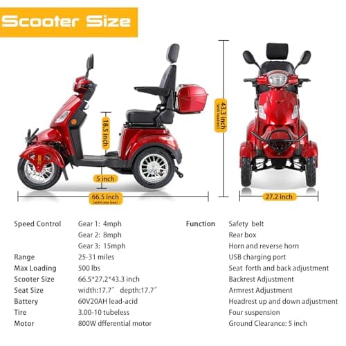 Mobility Scooters for Seniors & Adults 500lbs Capacity - 800W All Terrain Electric Powered Mobility Cart - Heavy Duty Mobility Scooter for Elderly w/Charger Remote Keys (Red) 6