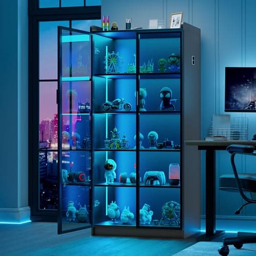 Lvifur 5 Tier Display Cabinet for Living Room, LED Bookcase with Human Body Induction Lights, 65” Tall Curio Cabinets with Adjustable Shelves for Office (Black)