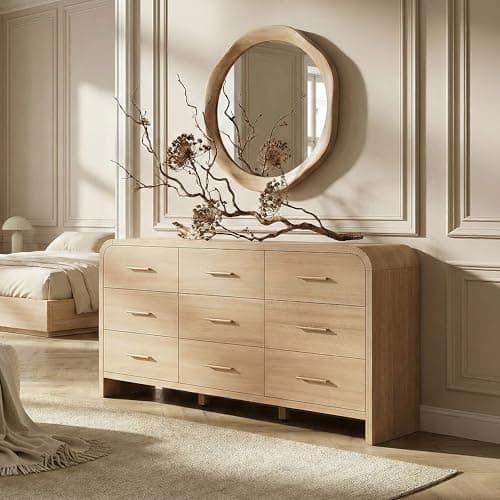 EliteSet Curved 9-Drawer Dresser for Bedroom, 63" Wide Modern Chest of Drawers, Vanity Desk TV Stand for Living Room, Closet Storage Drawers Organizer Furniture, Nursery, Hallway, Oak